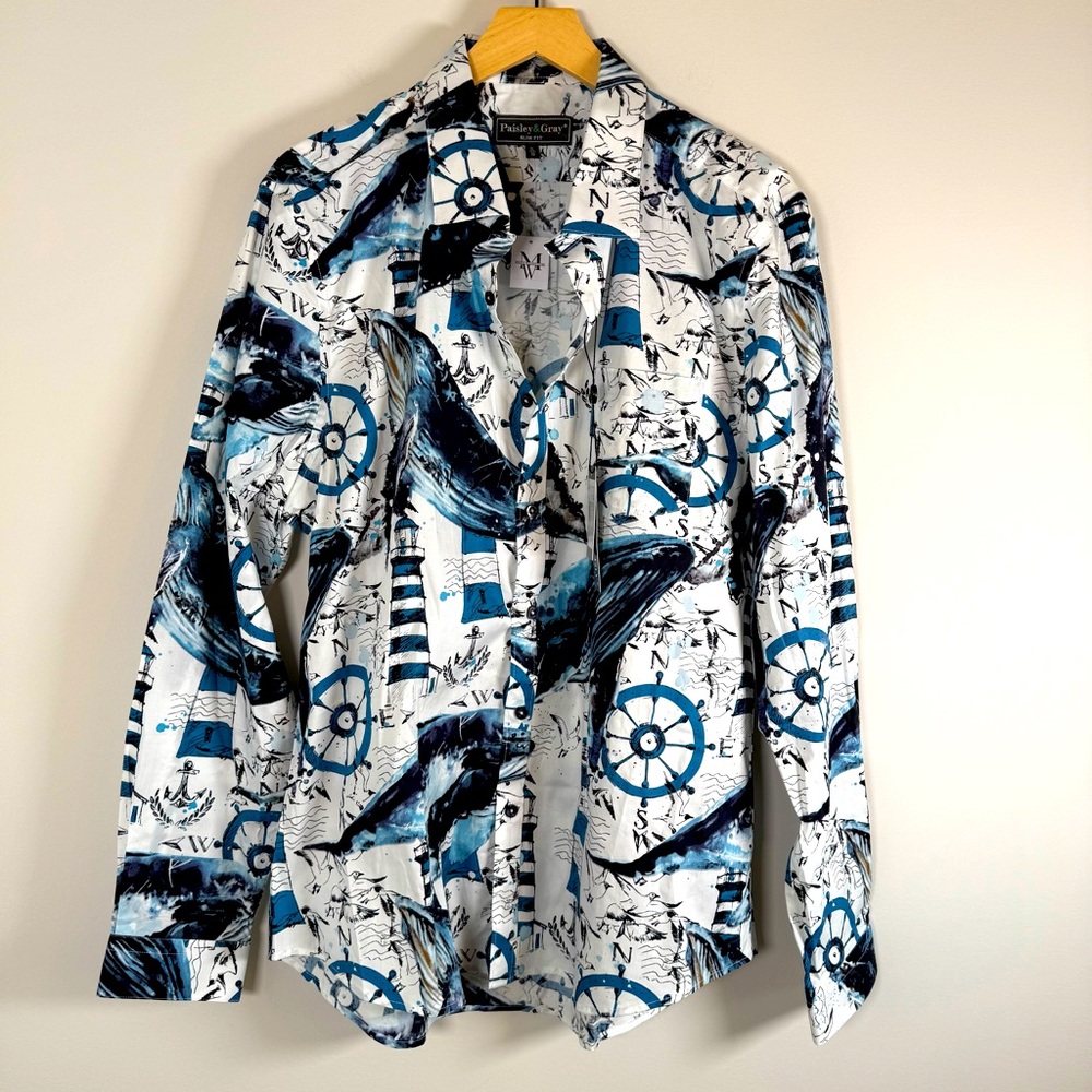 Paisley & Gray Men's Nautical Whale Sailor Print Slim Fit Button Up Down‎ XL NWT